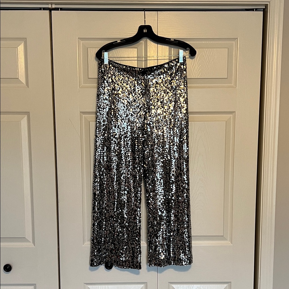 Festive Holiday pant:  Anthropologie Black and Silver Sequin Wide Leg